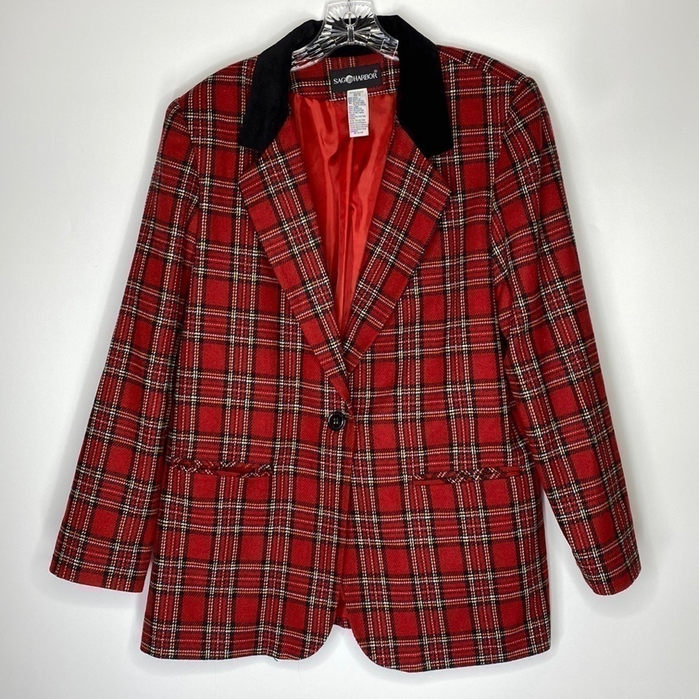 Vintage Sag Harbor Red Tartan Plaid Wool Blend Jacket Size 14